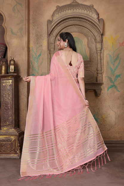 Dhiyona GR Women's Canvas Delicate Rose Pink Soft Linen Solid Woven Saree