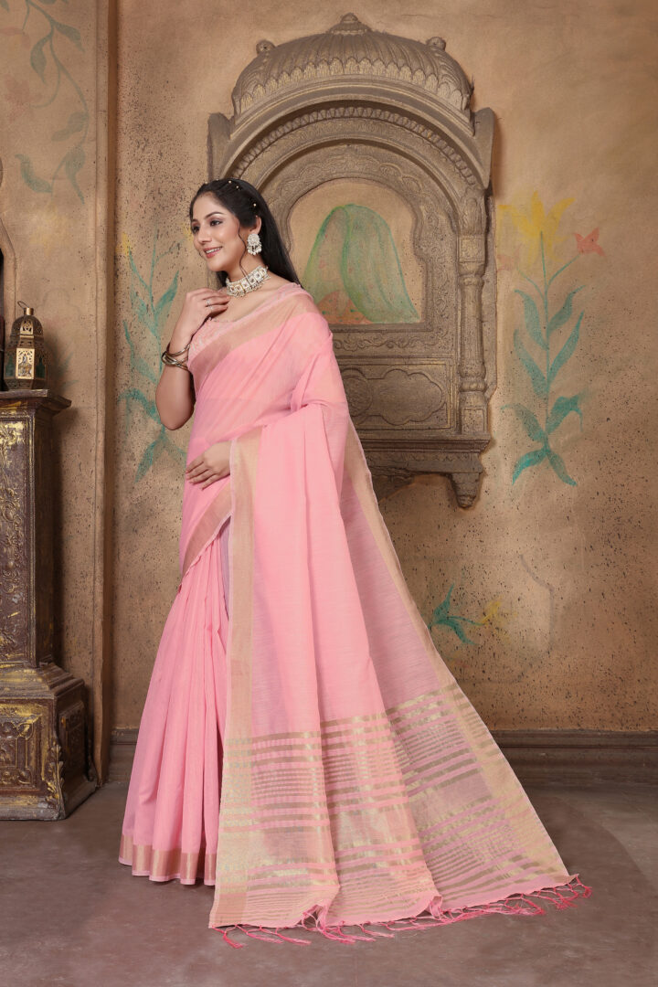 Dhiyona GR Women's Canvas Delicate Rose Pink Soft Linen Solid Woven Saree