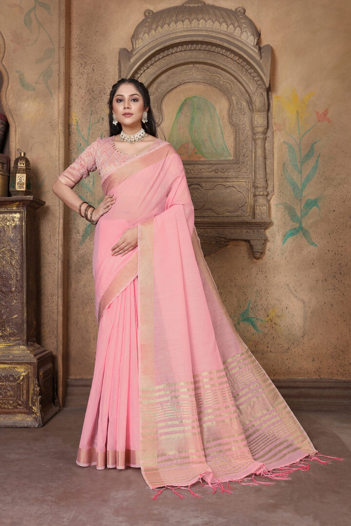 Dhiyona GR Women's Canvas Delicate Rose Pink Soft Linen Solid Woven Saree