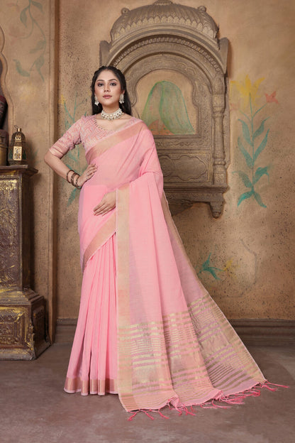 Dhiyona GR Women's Canvas Delicate Rose Pink Soft Linen Solid Woven Saree