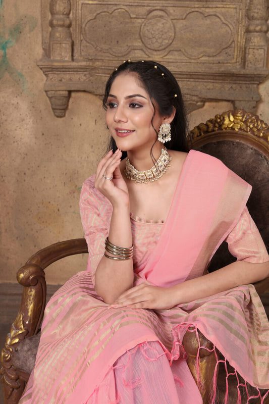 Dhiyona GR Women's Canvas Delicate Rose Pink Soft Linen Solid Woven Saree