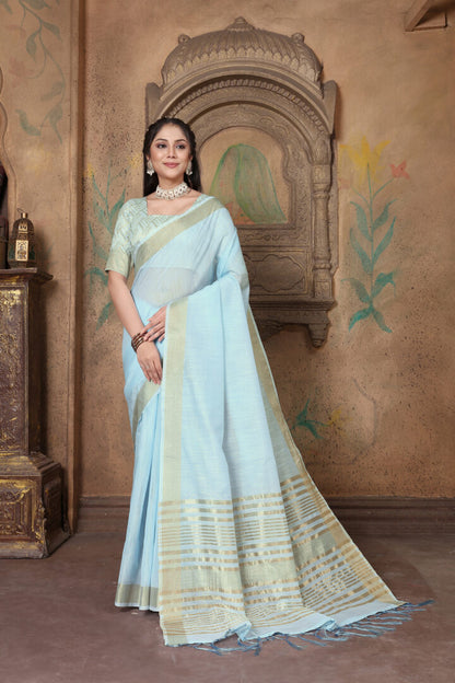 Dhiyona GR Women's Canvas Light Summer Blue Soft Linen Solid Woven Saree