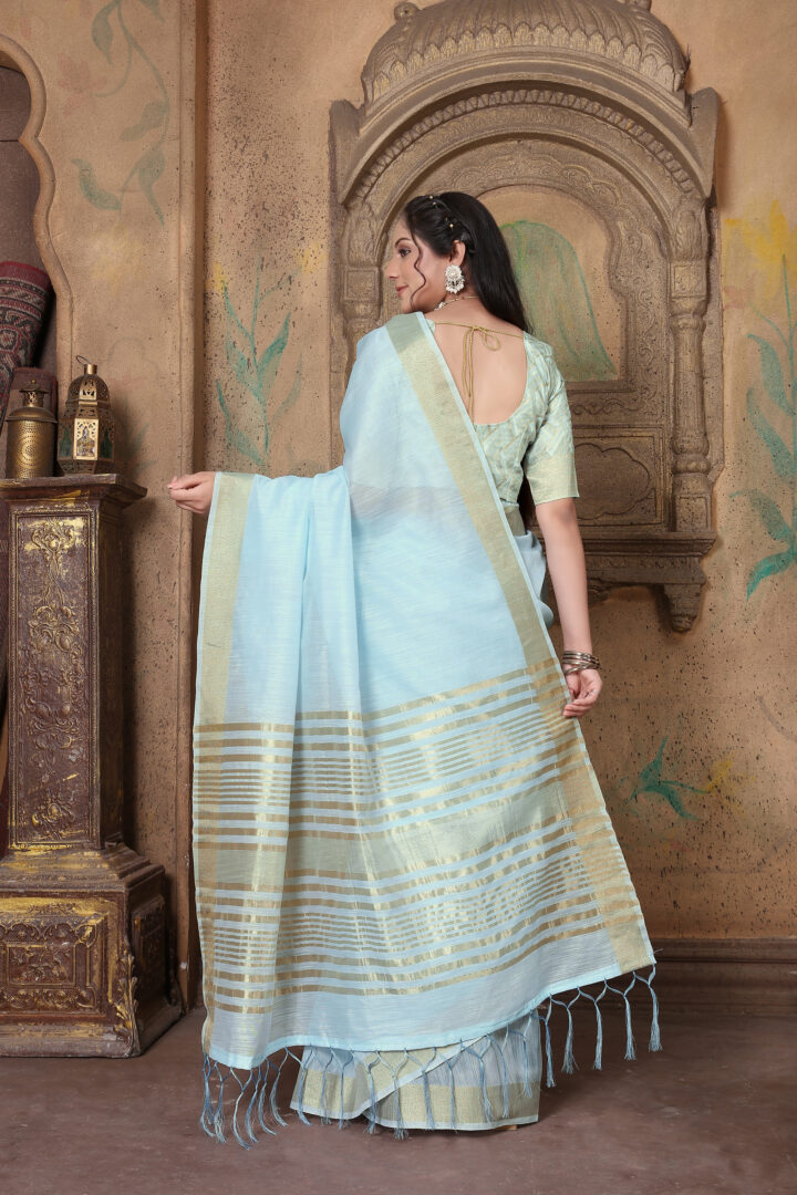 Dhiyona GR Women's Canvas Light Summer Blue Soft Linen Solid Woven Saree