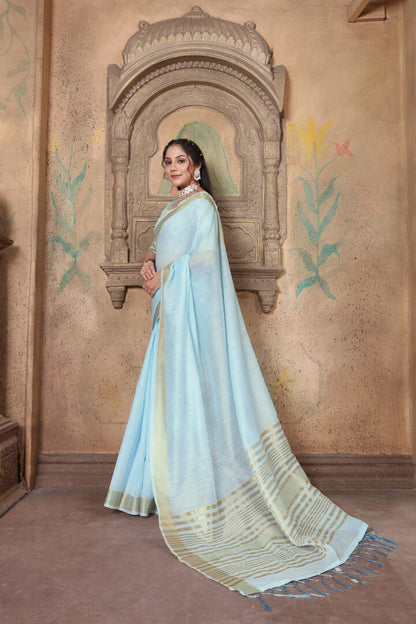 Dhiyona GR Women's Canvas Light Summer Blue Soft Linen Solid Woven Saree
