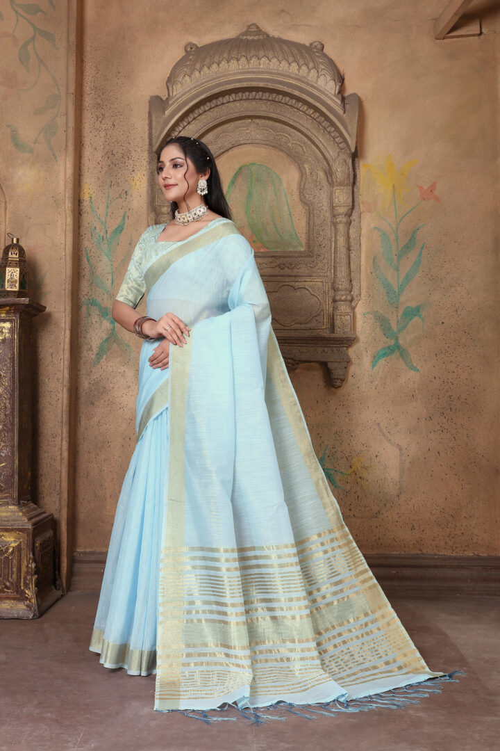 Dhiyona GR Women's Canvas Light Summer Blue Soft Linen Solid Woven Saree