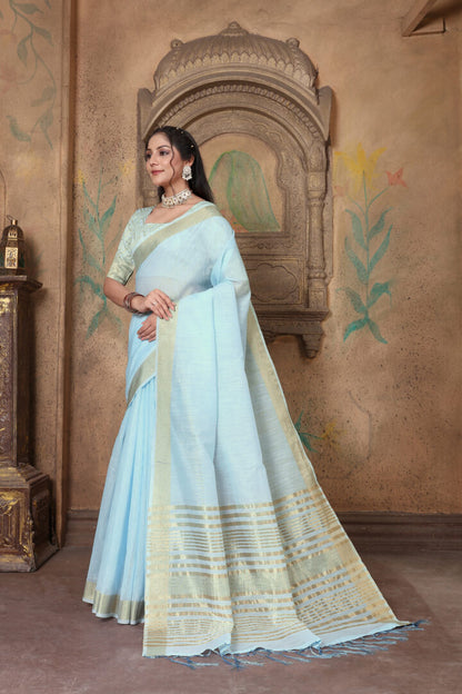 Dhiyona GR Women's Canvas Light Summer Blue Soft Linen Solid Woven Saree