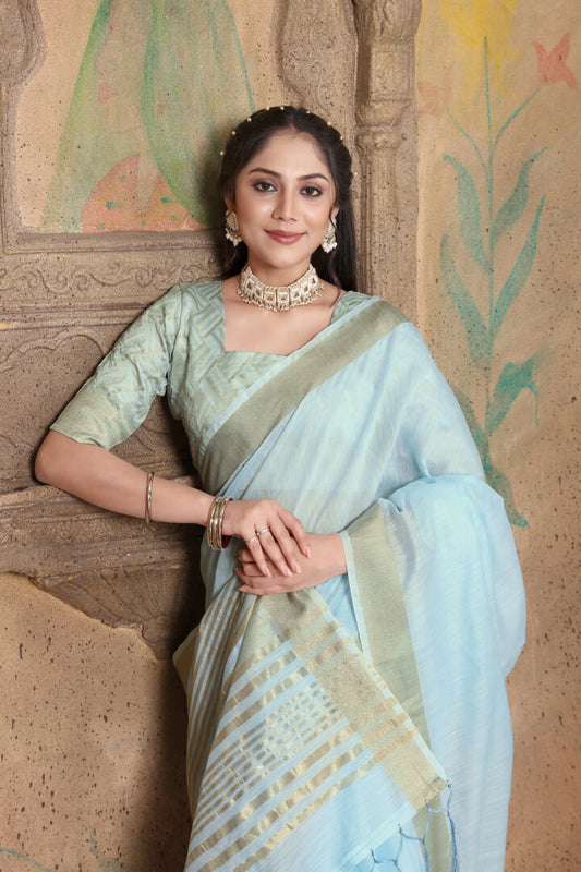 Dhiyona GR Women's Canvas Light Summer Blue Soft Linen Solid Woven Saree