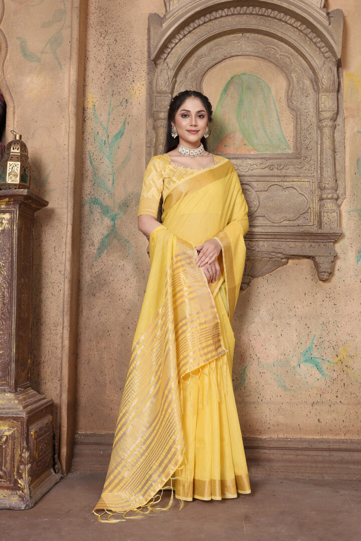 Dhiyona GR Women's Canvas Gold Yellow Soft Linen Solid Woven Saree
