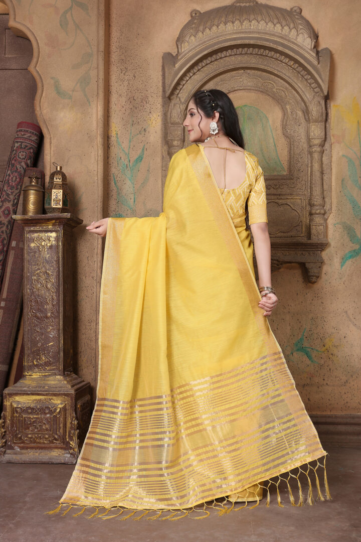 Dhiyona GR Women's Canvas Gold Yellow Soft Linen Solid Woven Saree