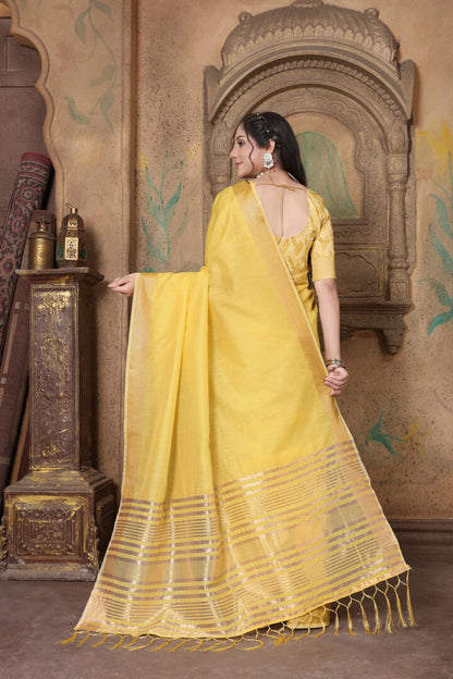 Dhiyona GR Women's Canvas Gold Yellow Soft Linen Solid Woven Saree