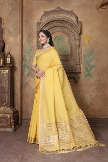 Dhiyona GR Women's Canvas Gold Yellow Soft Linen Solid Woven Saree
