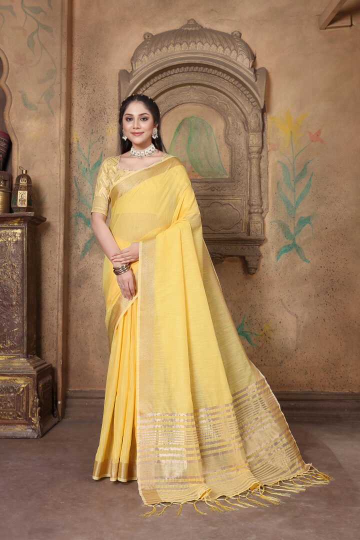 Dhiyona GR Women's Canvas Gold Yellow Soft Linen Solid Woven Saree