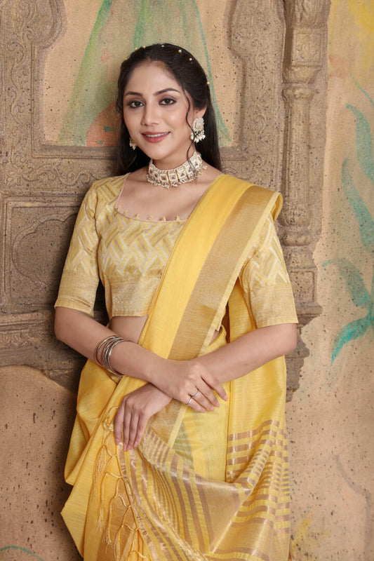 Dhiyona GR Women's Canvas Gold Yellow Soft Linen Solid Woven Saree