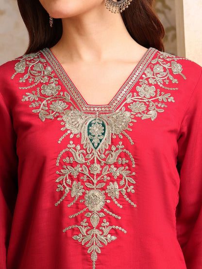Dhiyona IN Floral Embroidered V Neck Sequinned Straight Kurta With Palazzos & Dupatta
