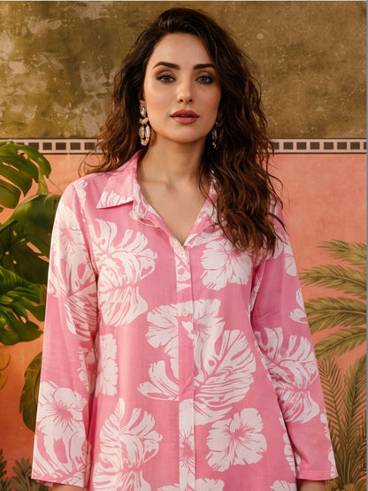 Printed Viscose Rayon Shirt Collar Kurta & Trousers