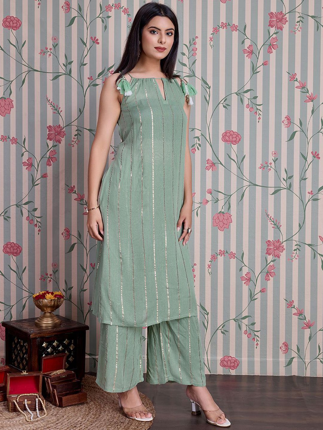 Dhiyona OD  Striped Straight Kurta with Palazzos