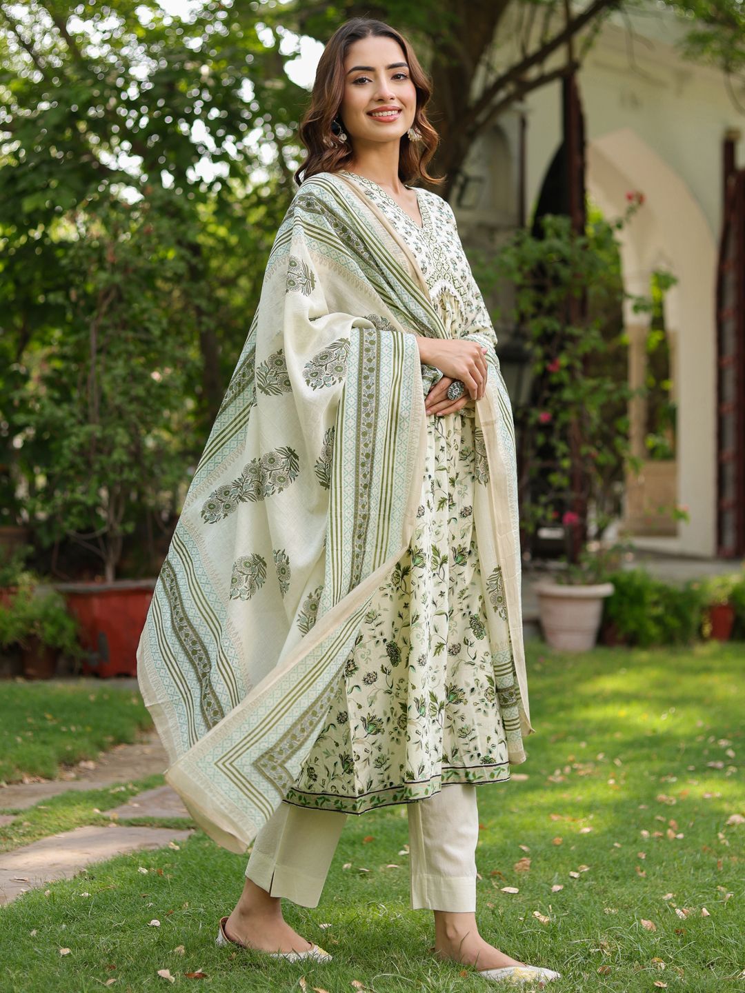 Dhiyona RR Women's Floral Printed Cotton Anarkali Kurta with Trousers & Dupatta