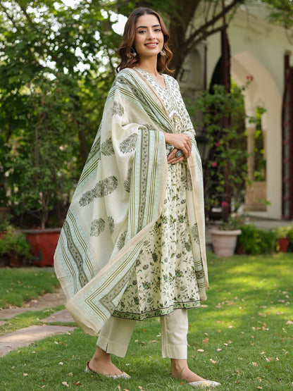 Dhiyona RR Women's Floral Printed Cotton Anarkali Kurta with Trousers & Dupatta