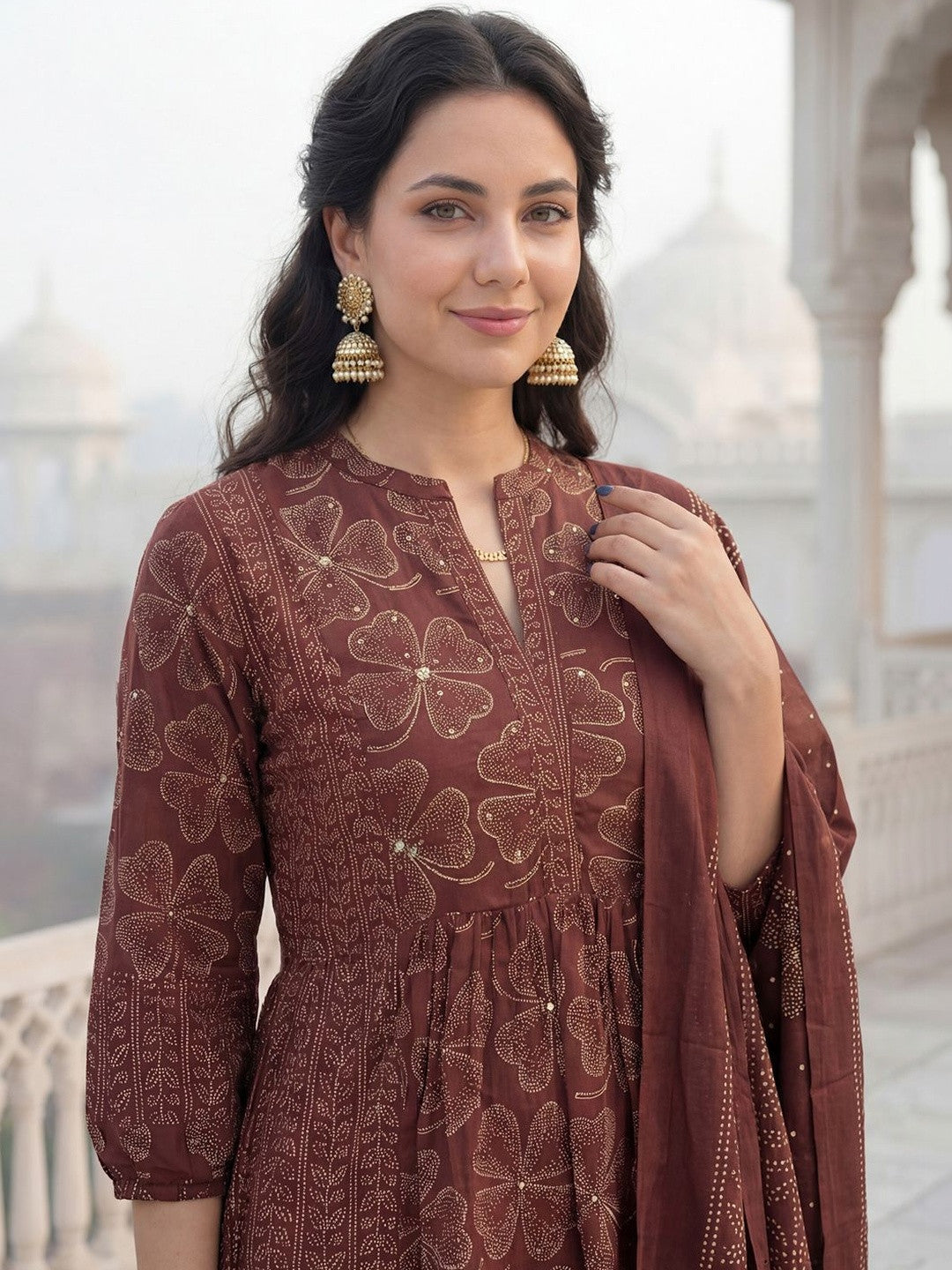 Women Floral Printed Panelled Beads and Stones Pure Cotton Kurta with Trousers & With Dupatta