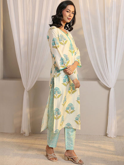 Off White Floral Printed Chanderi Silk Straight Suit Set with Dupatta