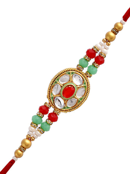Dhiyona Gold-Toned Kundan-Studded & Beaded Rakhi With Roli Chawal & Greeting Card