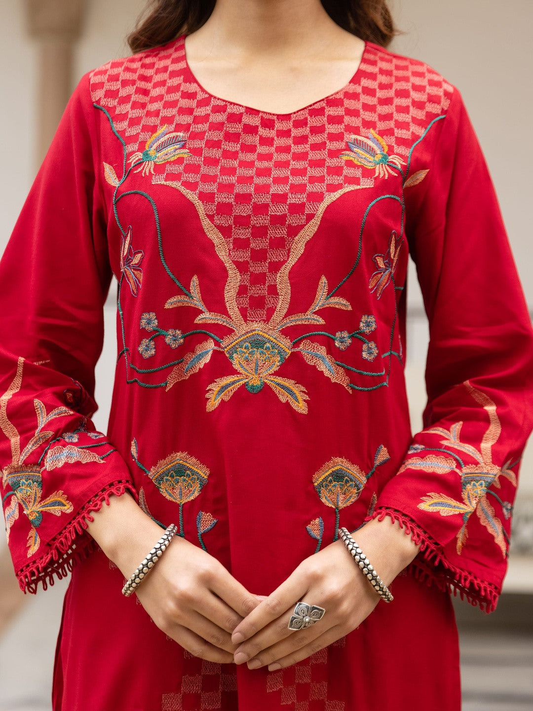 Embroidered Round Neck Kurti & Palazzos