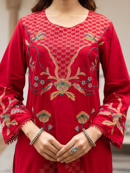 Embroidered Round Neck Kurti & Palazzos