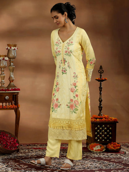 Women's LB Yellow Printed Silk Blend Straight Suit With Dupatta