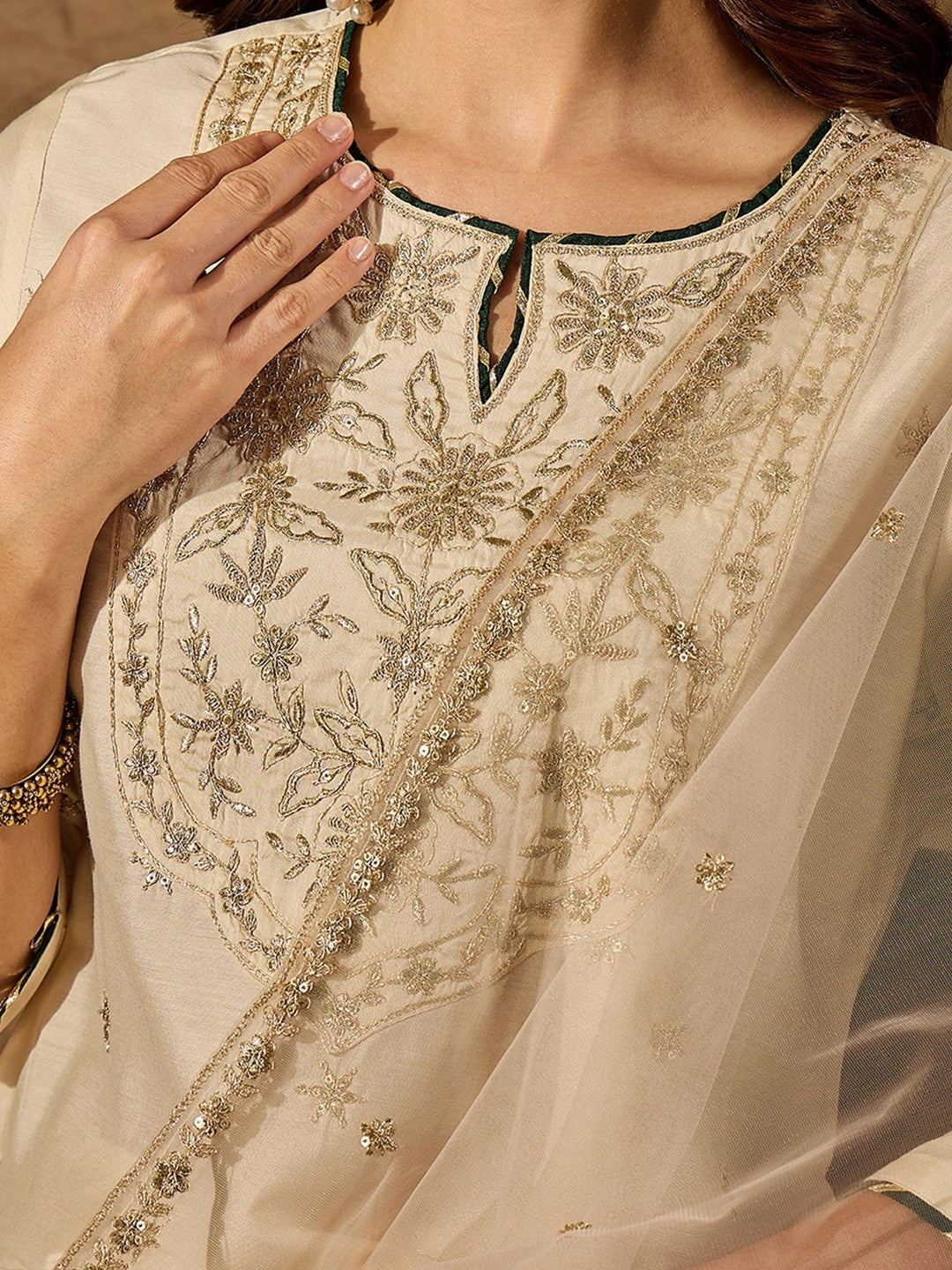 Embroidered Round Neck Kurta & Trousers With Dupatta