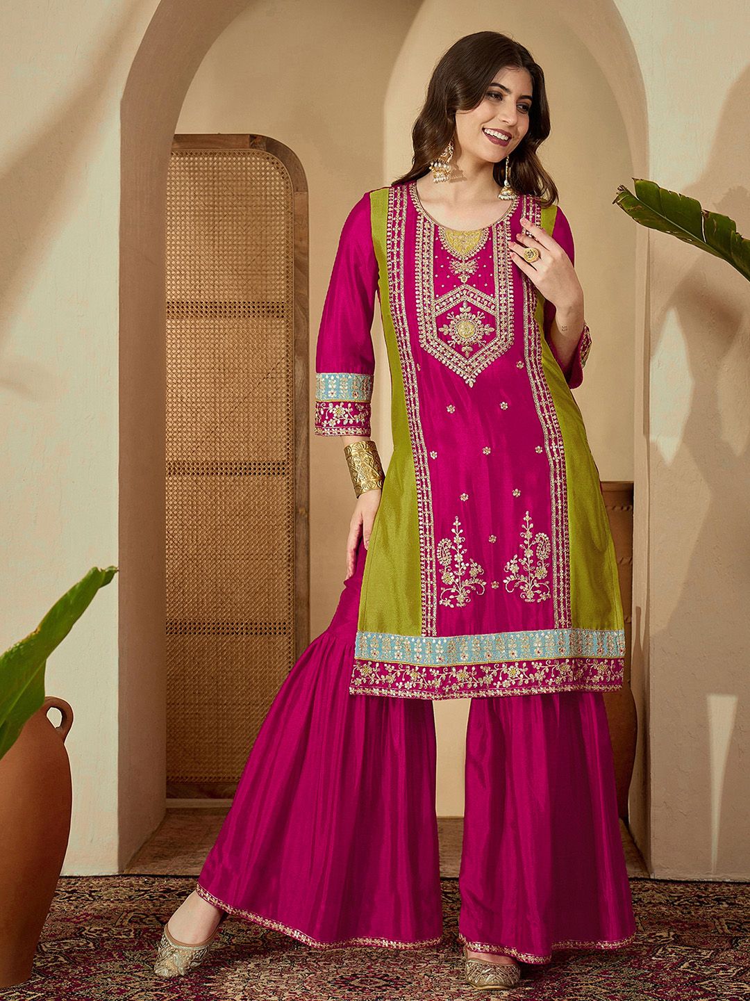 Dhiyona SN Embroidered Round Neck Kurta & Sharara with Dupatta Set