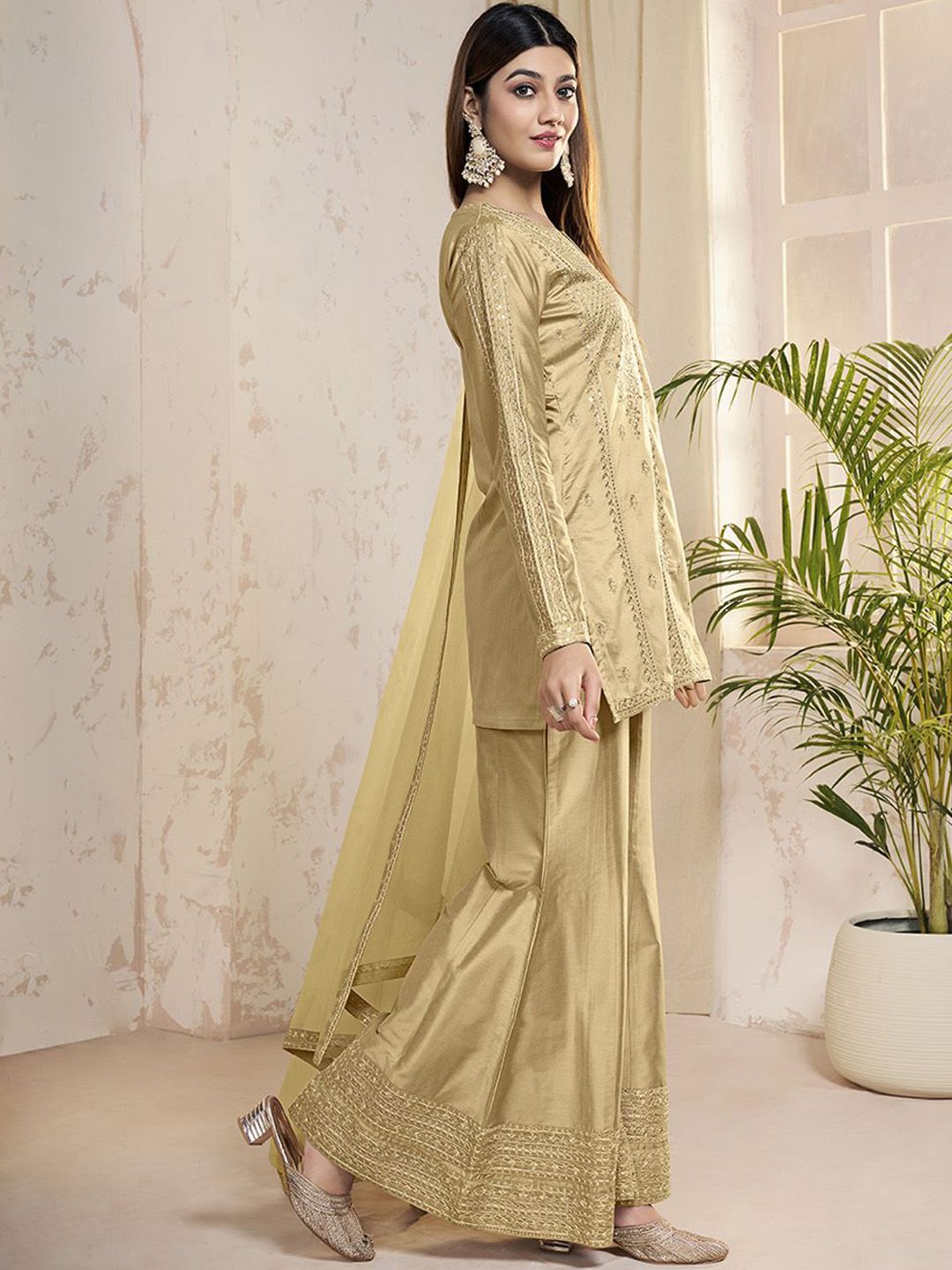 Dhiyona IN Ethnic Motifs Embroidered Sequinned Straight Kurti With Sharara And Dupatta