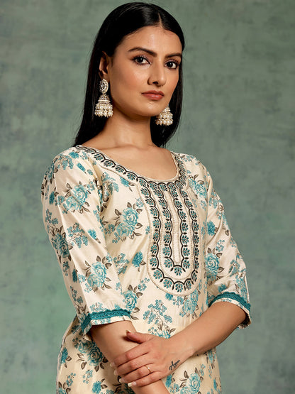 Women Floral Printed Regular Thread Work Kurta with Trousers