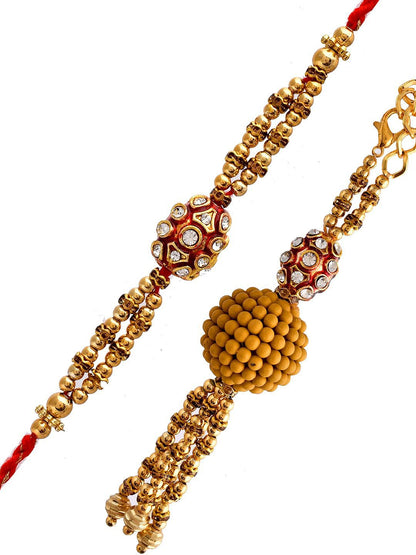 Dhiyona Gold-Toned Rudraksha Beaded Bhaiya Bhabhi Rakhi With Roli Chawal & Greeting Card