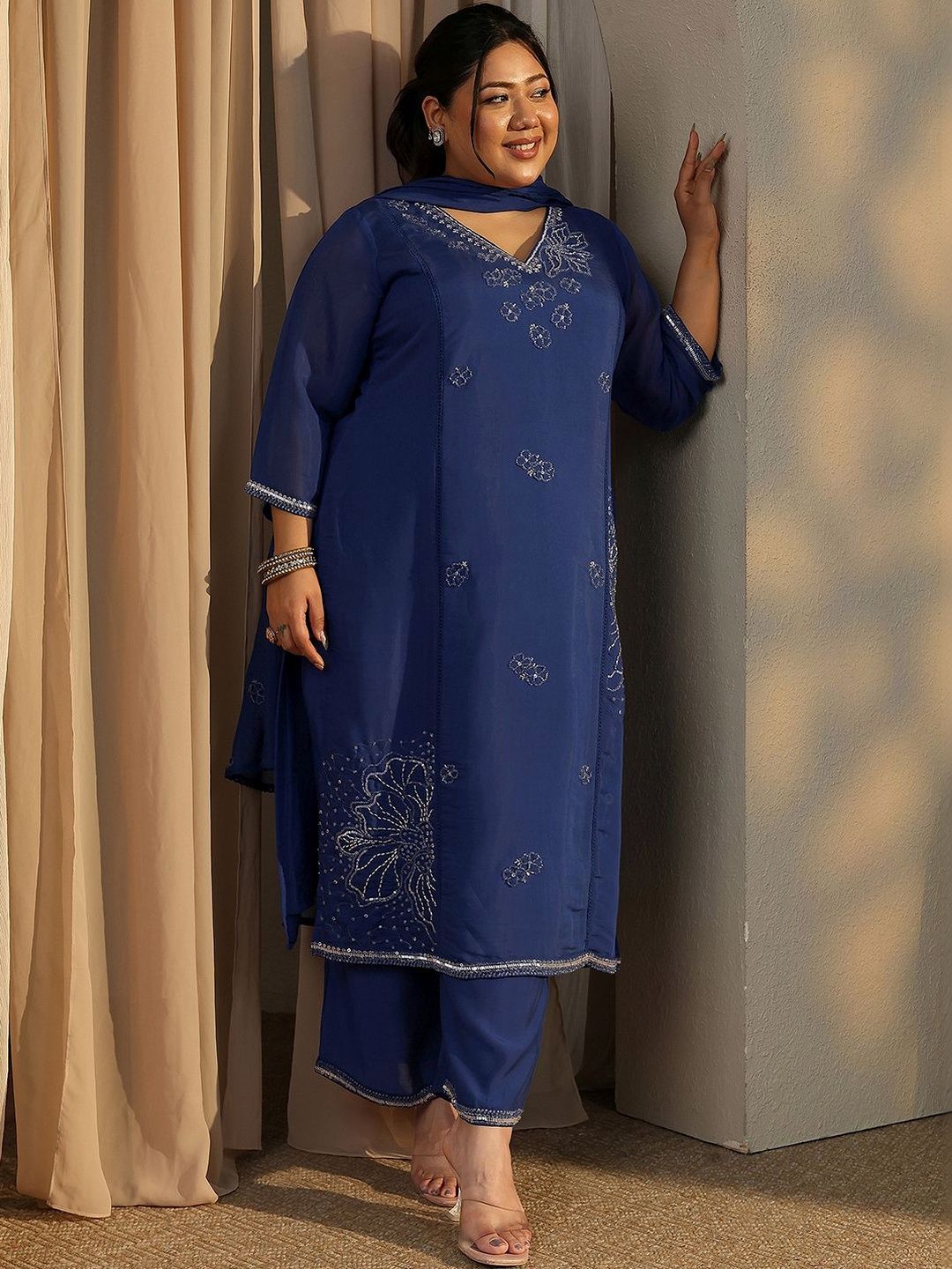 Dhiyona Women's Plus Size Ethnic Motifs Embroidered Kurta with Trouser & Dupatta