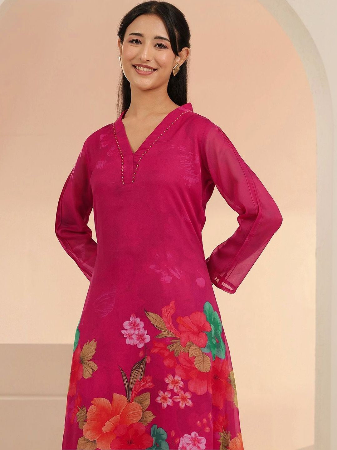 Fuchsia Pink Floral Printed Chiffon High Low Kurta Set