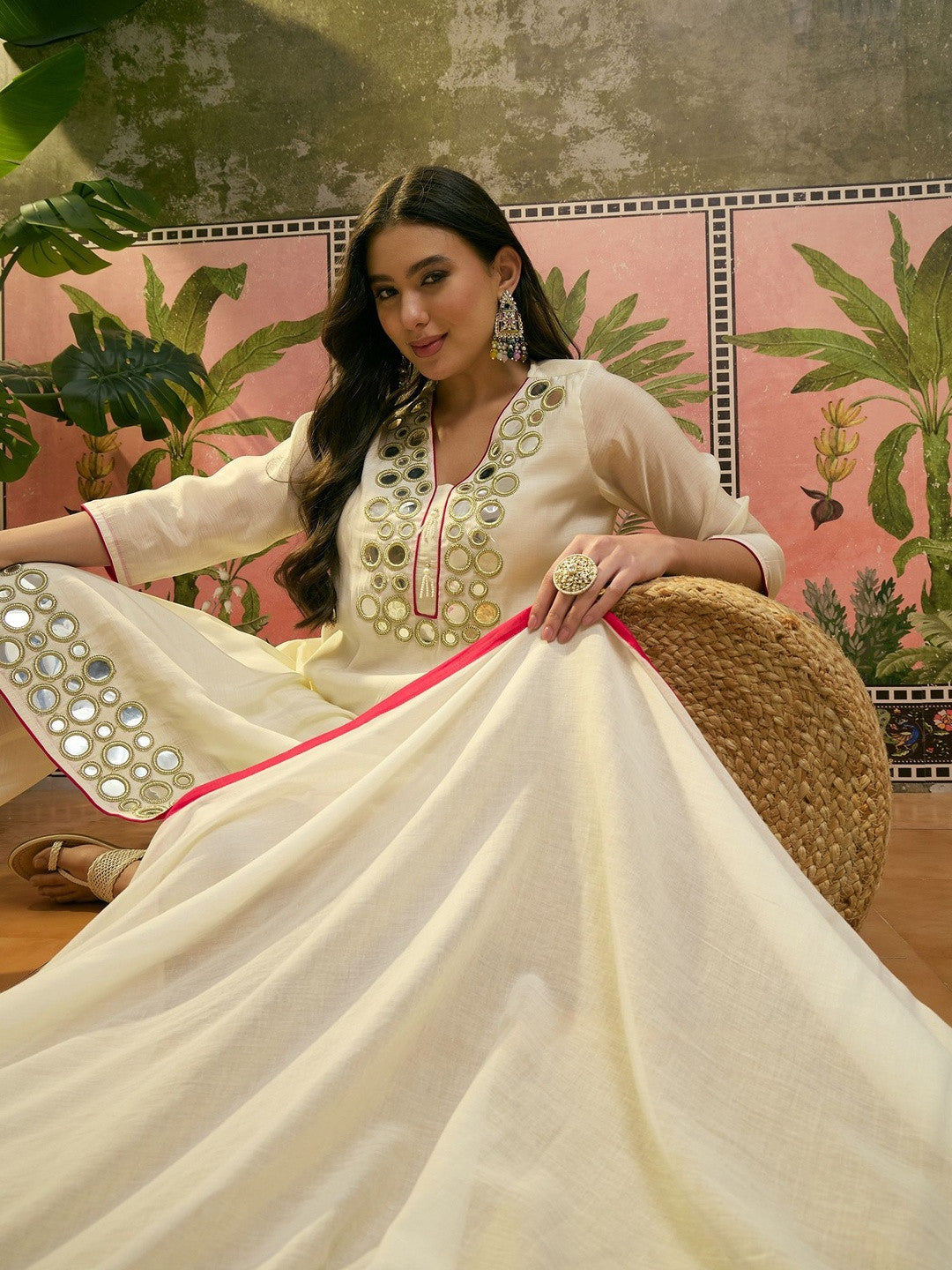 Embroidered Pure Cotton Round Neck Kurta & Trousers With Dupatta