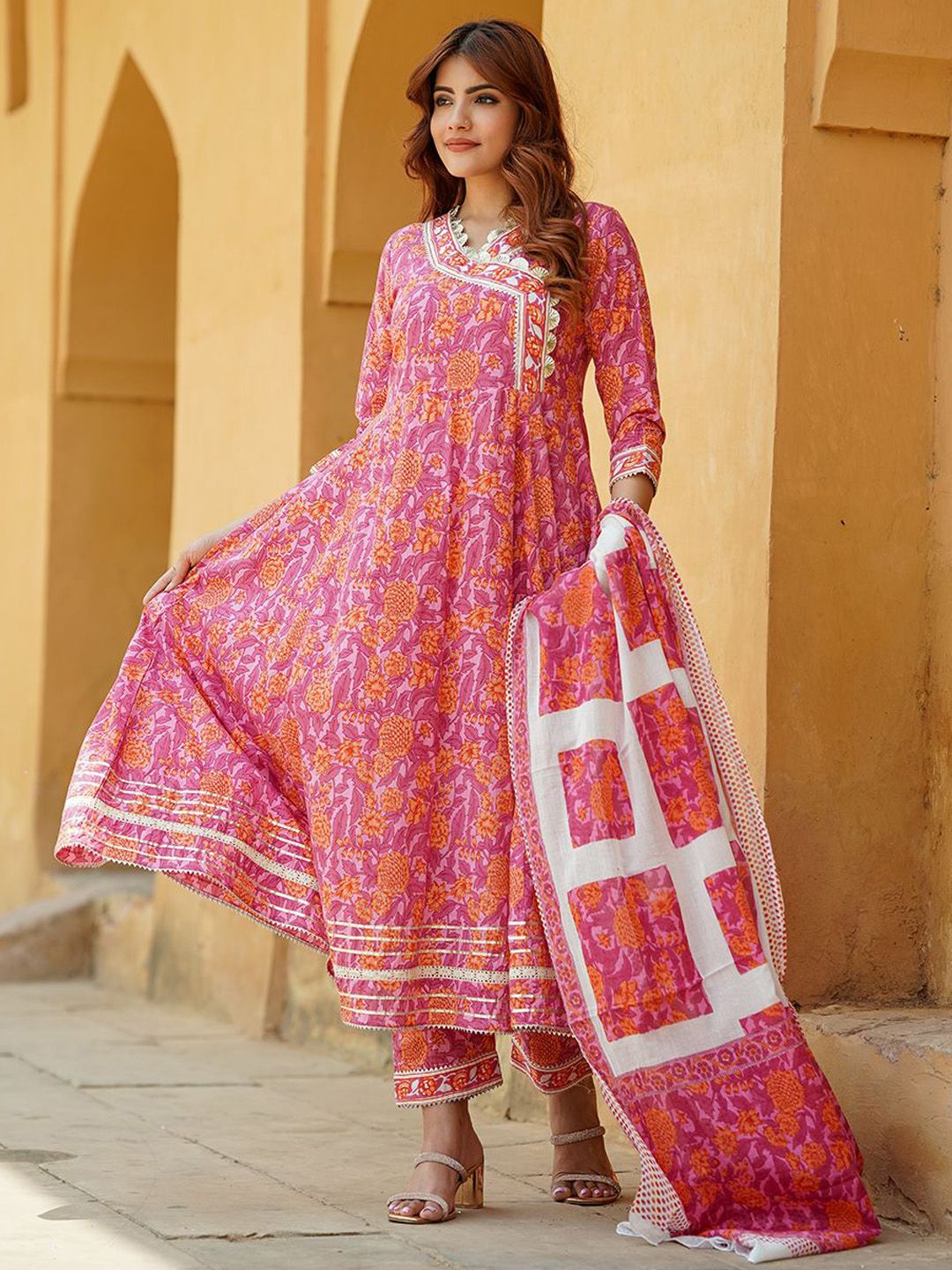 Dhiyona KL Floral Printed Angrakha Pure Cotton Anarkali Kurta With Trousers & Dupatta