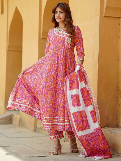 Dhiyona KL Floral Printed Angrakha Pure Cotton Anarkali Kurta With Trousers & Dupatta