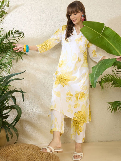 Dhiyona IE Printed V-Neck Three-Quarter Sleeves Pure Cotton Tunic And Trousers