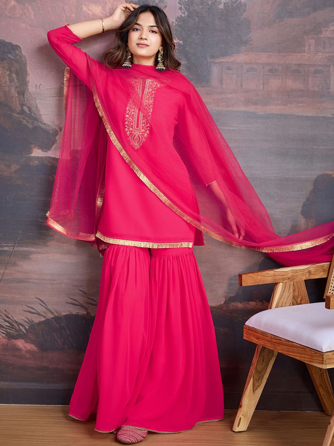 Dhiyona HOP Floral Embroidered Notch Neck Georgette Kurta & Sharara With Dupatta