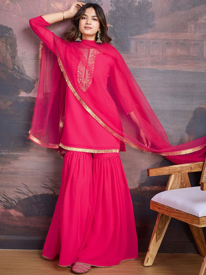 Dhiyona HOP Floral Embroidered Notch Neck Georgette Kurta & Sharara With Dupatta