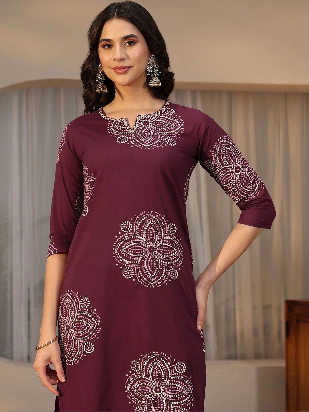 Burgundy Bandhani Printed Cotton Straight Suit Set