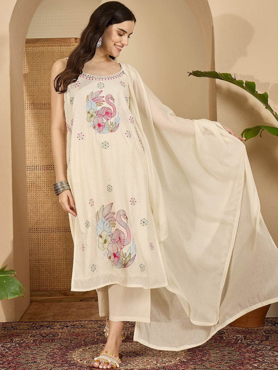 Dhiyona SN Women Ethnic Motifs Embroidered Regular Thread Work Pure Cotton Kurta with Trousers & With Dupatta