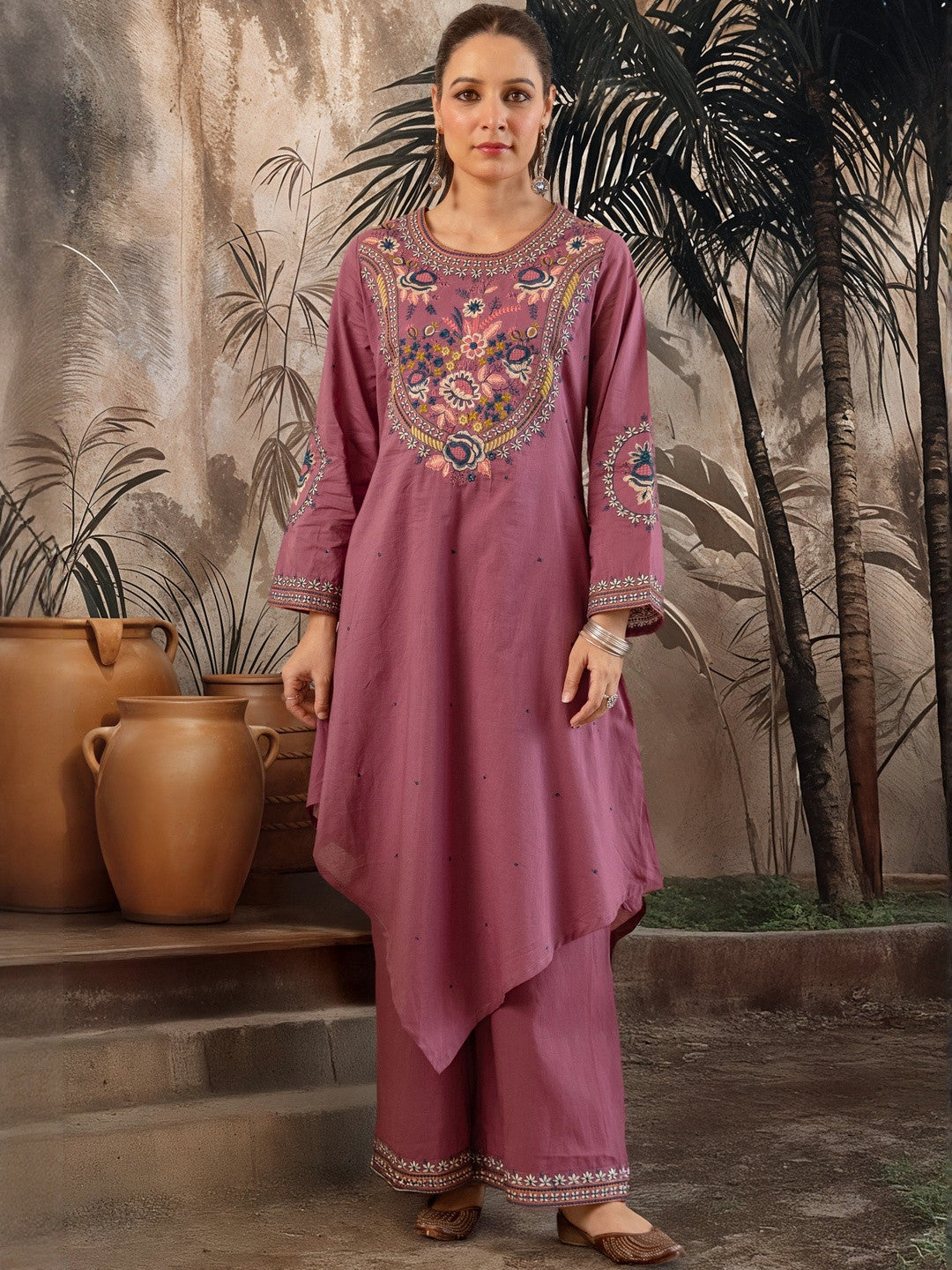 Dhiyona SN Women Floral Embroidered Pure Cotton Kurta with Palazzos