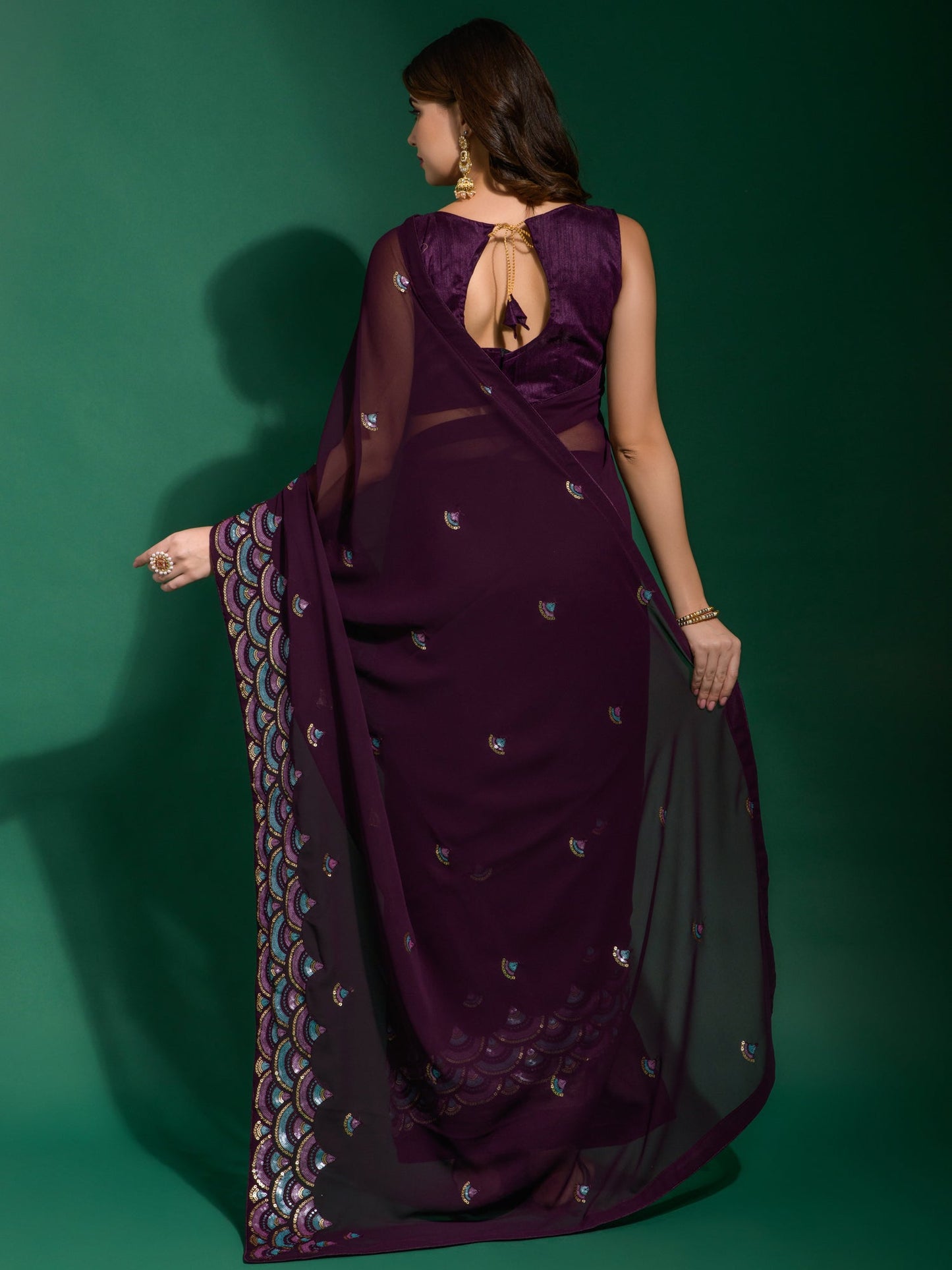 Women's Georgette Purple Embellished Designer Saree With Blouse Piece