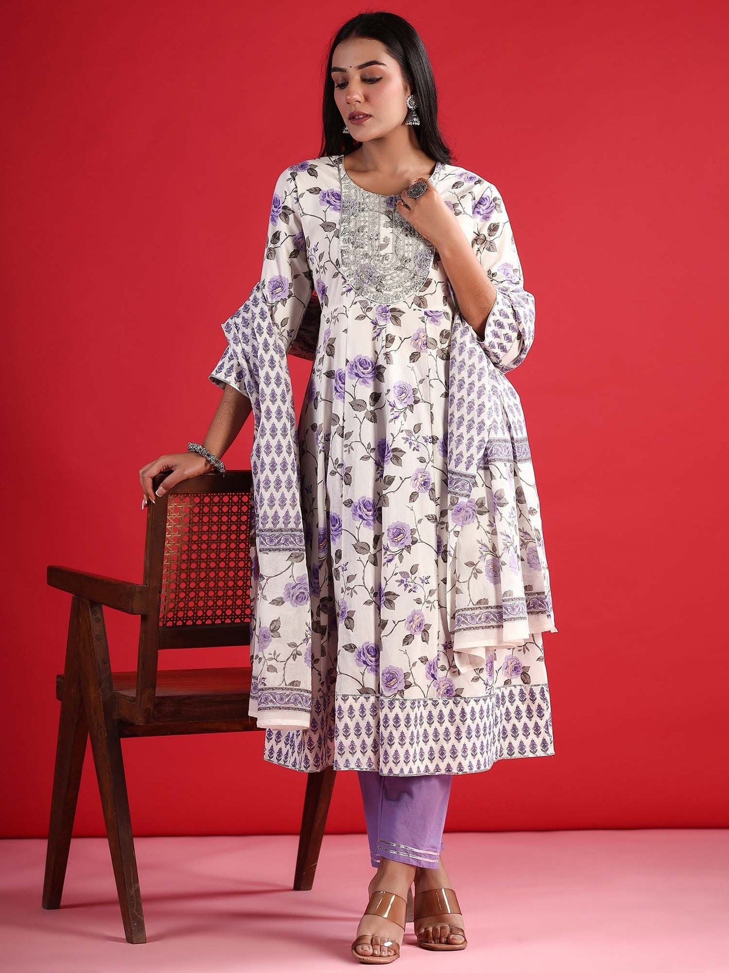 Dhiyona IE Floral Empire Sequinned Pure Cotton A-Line Kurta with Trousers & Dupatta