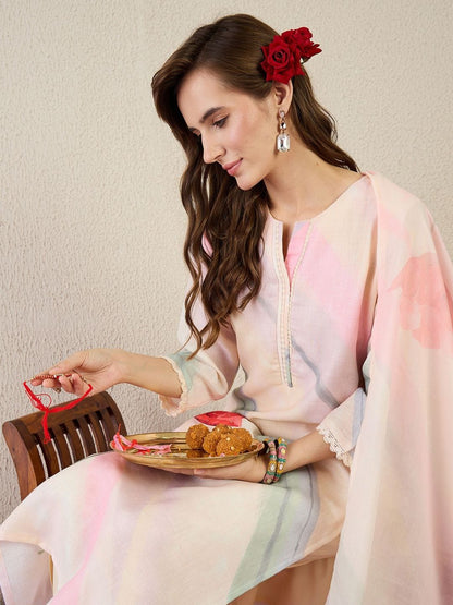 Women Floral Printed Regular Linen Kurta with Trousers & With Dupatta