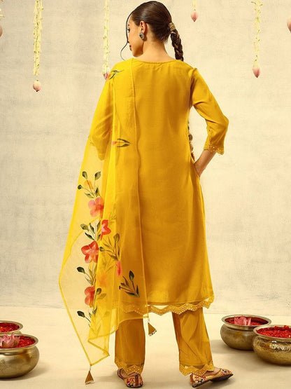 Embroidered V-Neck Kurta & Trousers With Dupatta