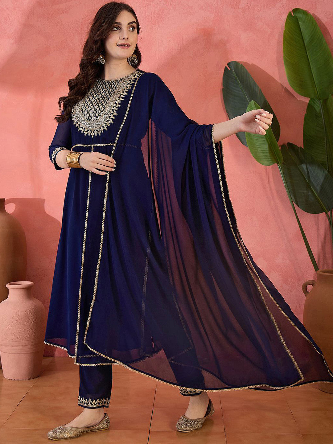 Zari Sequence Cording Embroidered Front Slit Kurta With Trousers & Dupatta