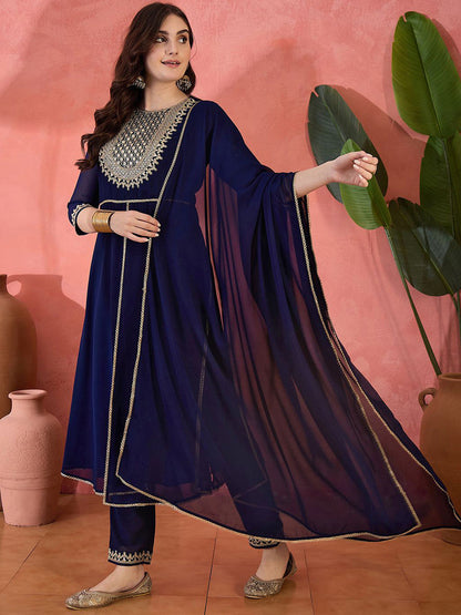 Zari Sequence Cording Embroidered Front Slit Kurta With Trousers & Dupatta